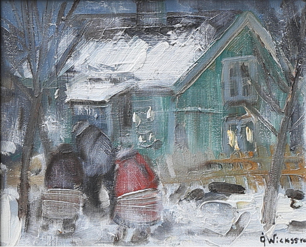 ÅKE WICKSTRÖM. 3 figurer utanför hus, olja på duk, signerad.