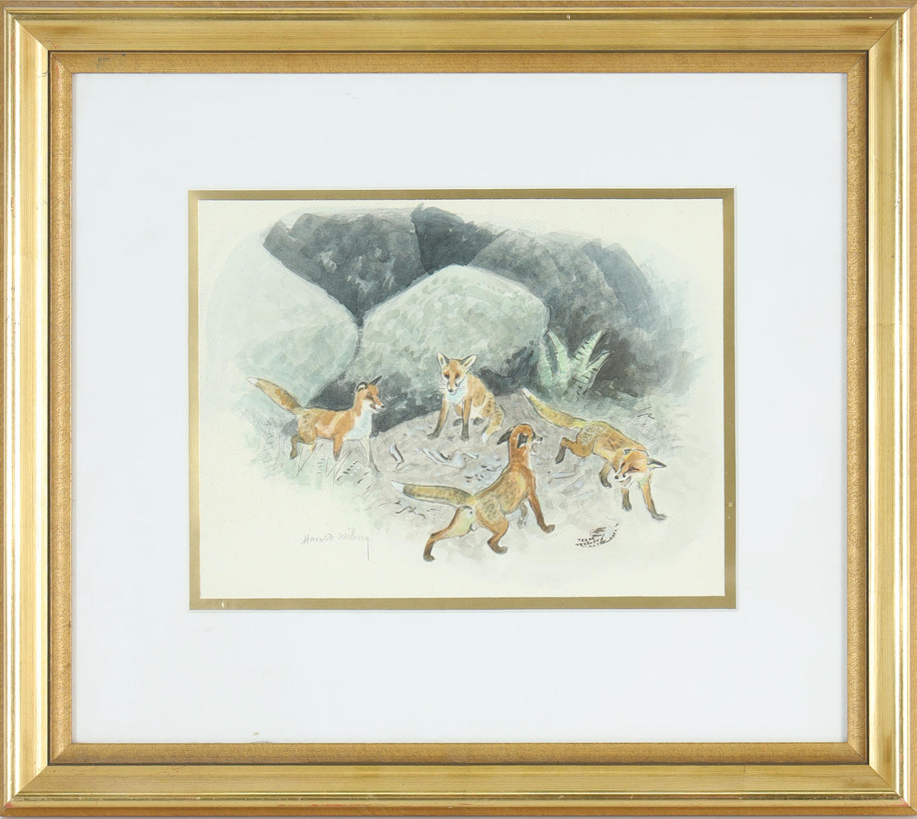 HARALD WIBERG. Watercolor, foxes, signed.