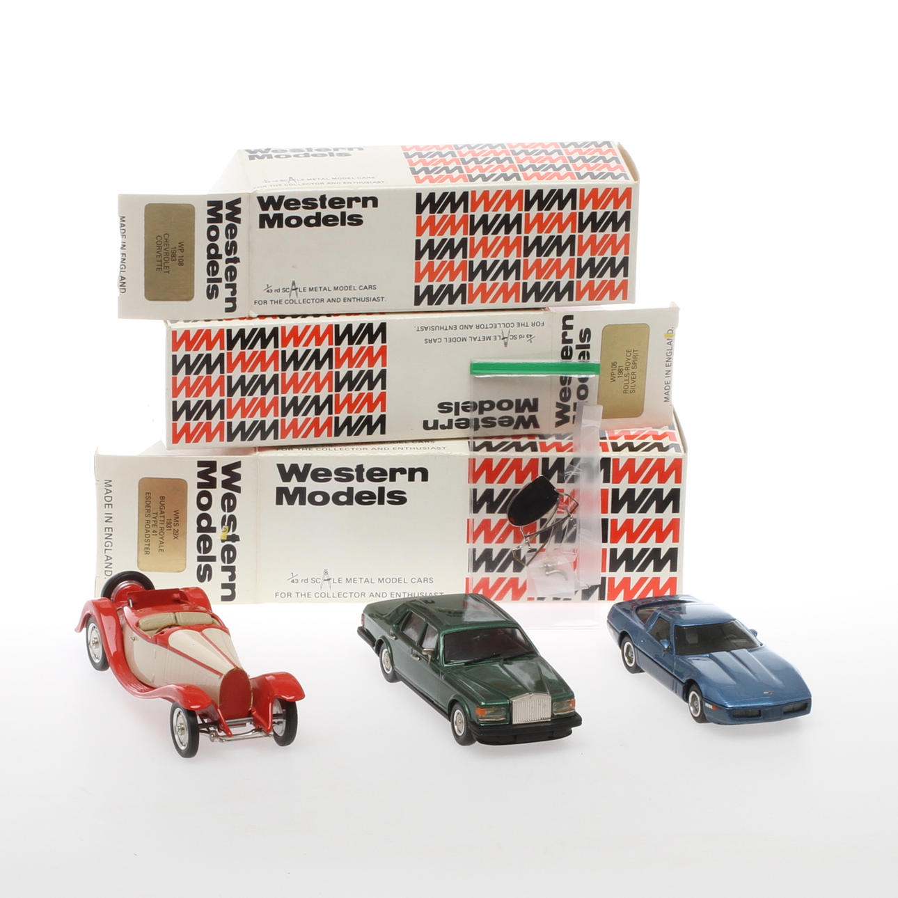 MODELLBILAR WESTERN MODELS Bugatti, Rolls-Royce och Chevrolet i originalkartonger.