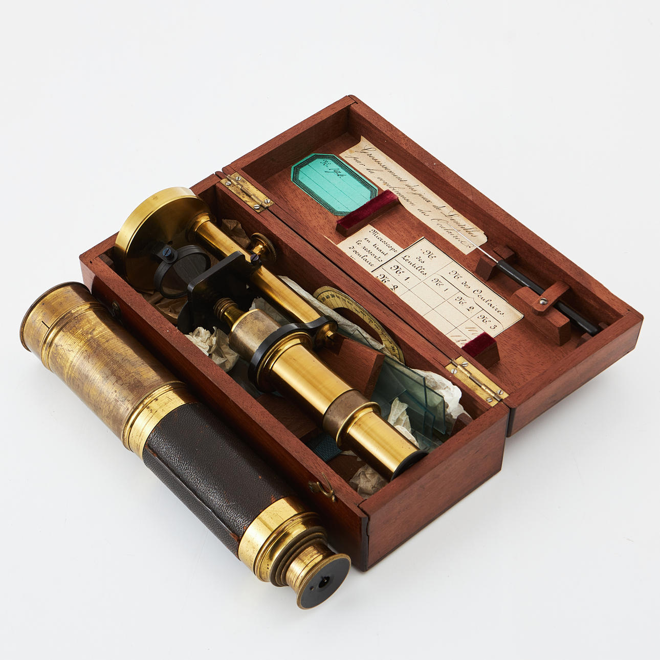 MICROSCOPE, BINOCULARS, 20th century, brass, microscope marked Ma Depose marked.