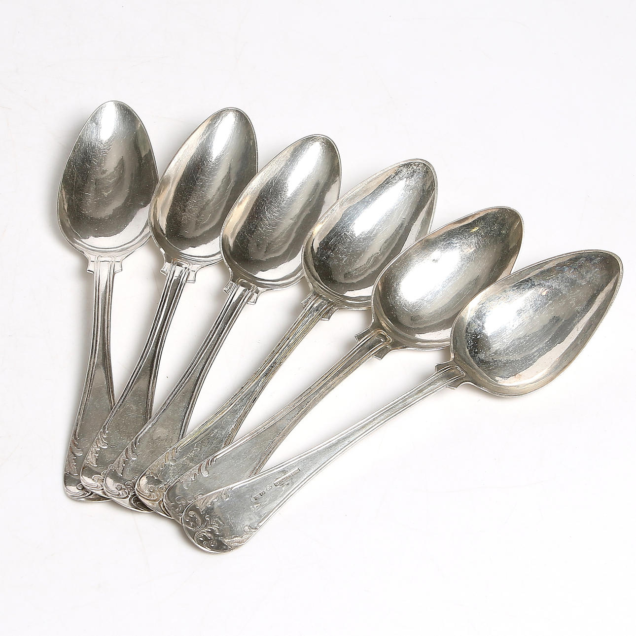 SKEDAR, 6 st, silver, Olof Abel Fernqvist, Sundsvall. 1800-tal. Vikt 236 gram.