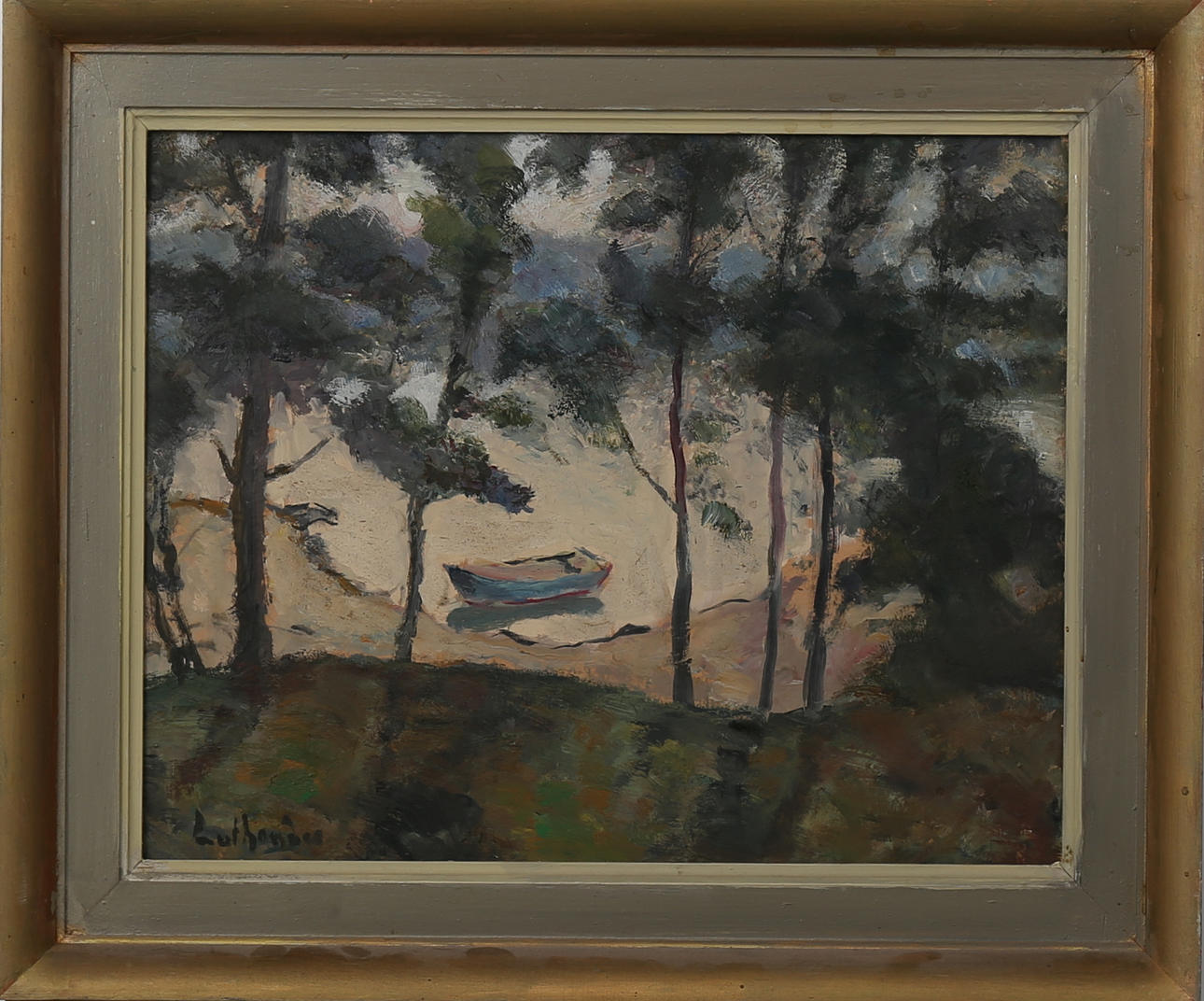 CARL LUTHANDER. Strandremsa med eka och tallar. Olja på pannå, signerad Luthander.