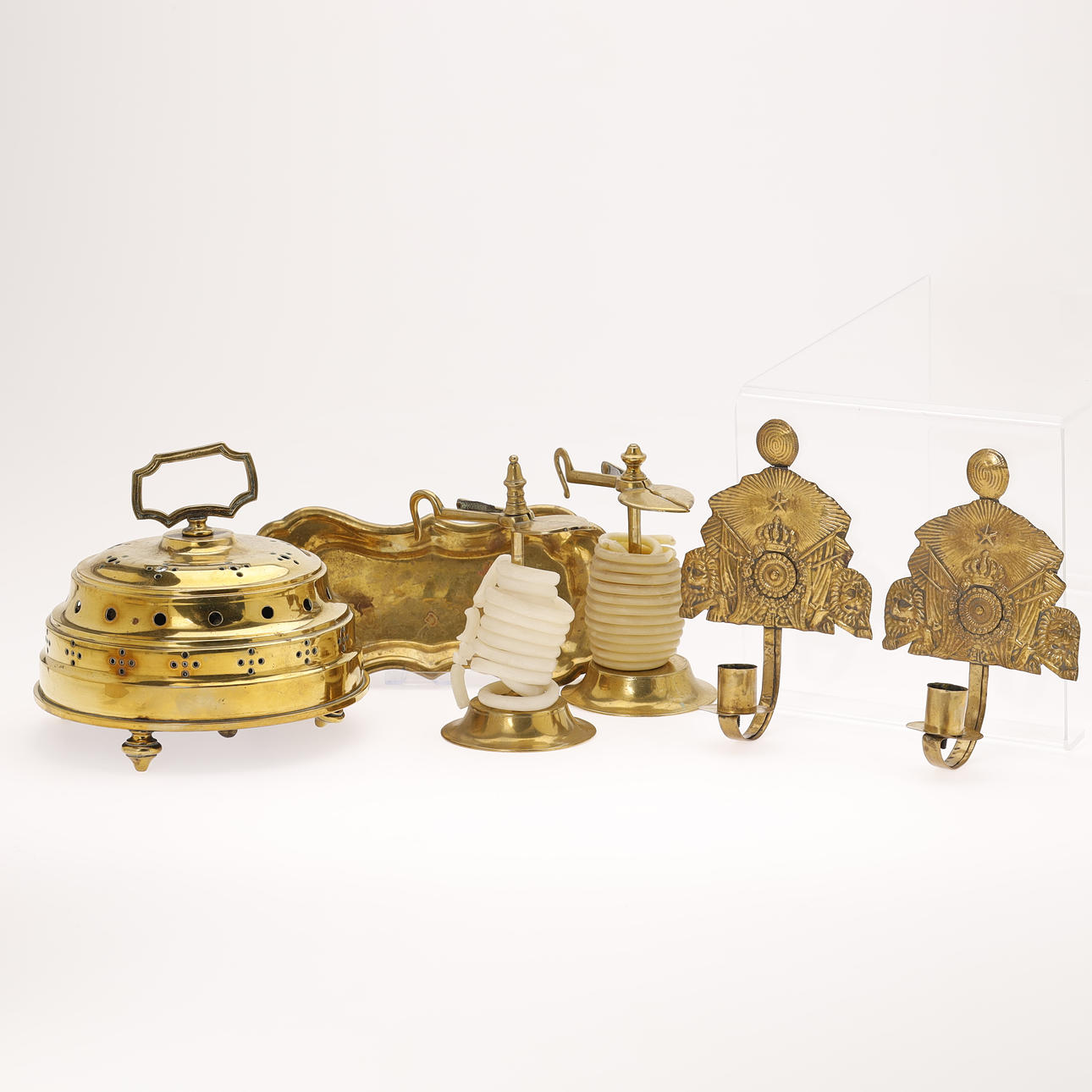 Altar bell, two pillars, light shield and brass tray. (6th).