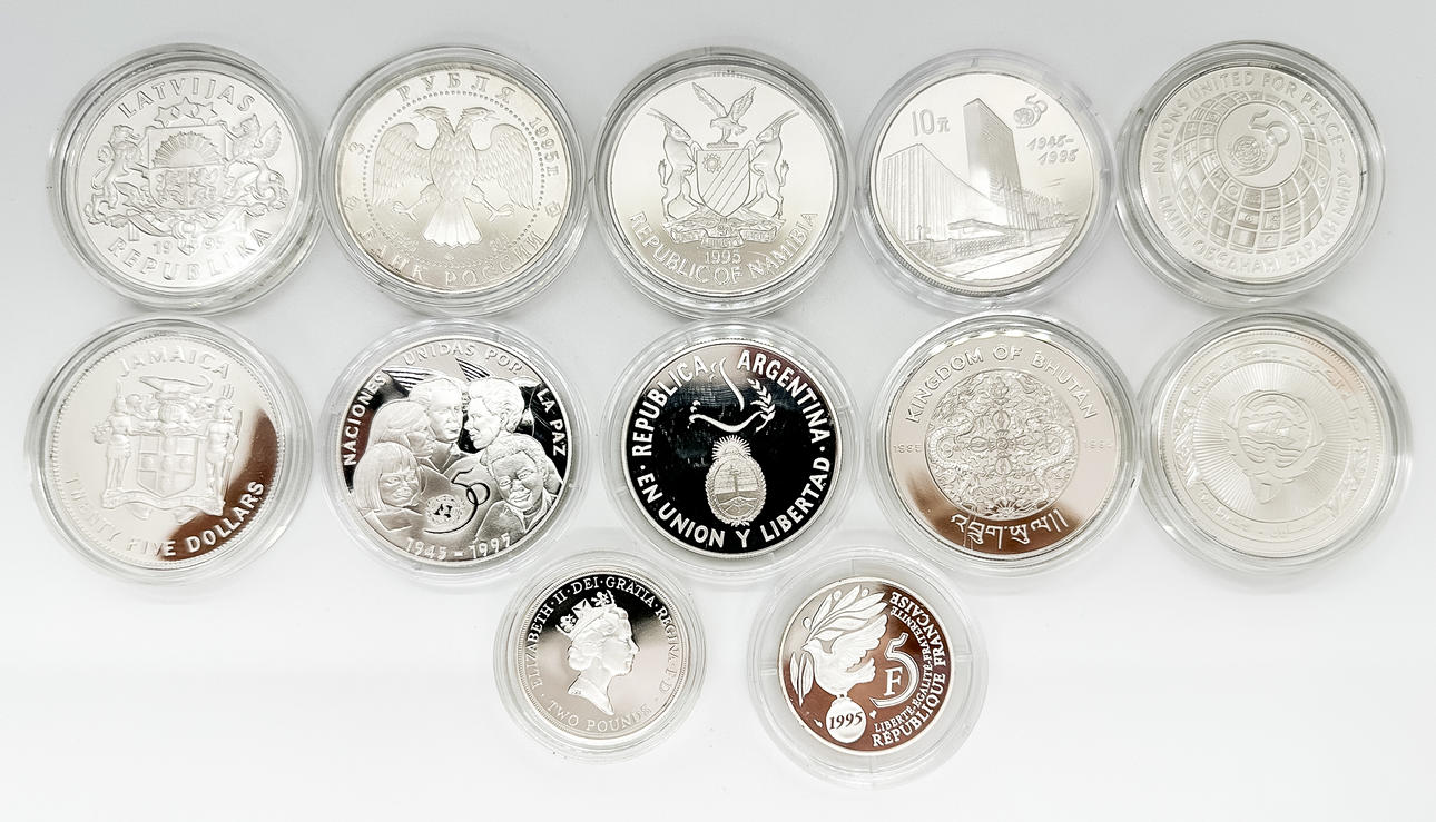 Samlarmynt. Silver. FN 50-år. 12st. Diverse länder.