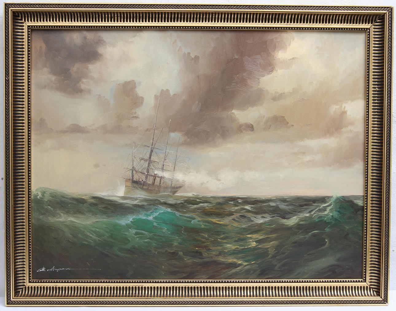 OKÄND KONSTNÄR, 1900-TAL. Marint motiv med fartyg. Olja på duk, signerad.