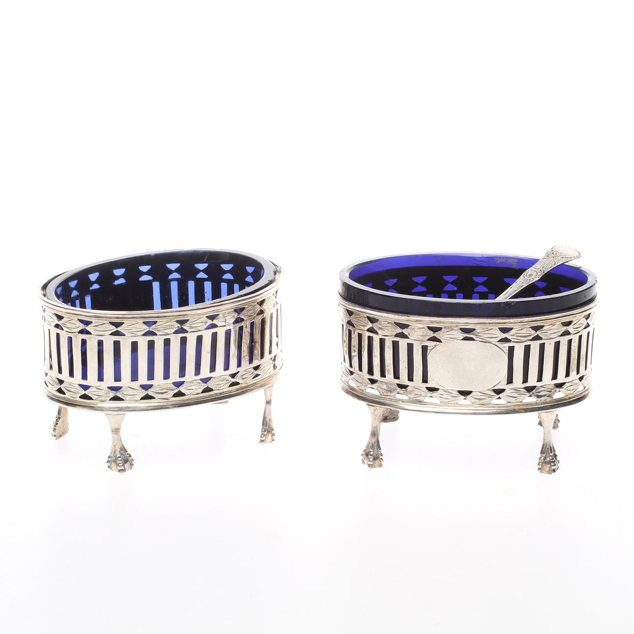 SALTKAR 1 par, silver med glasinsatser, 18/1900-tal.