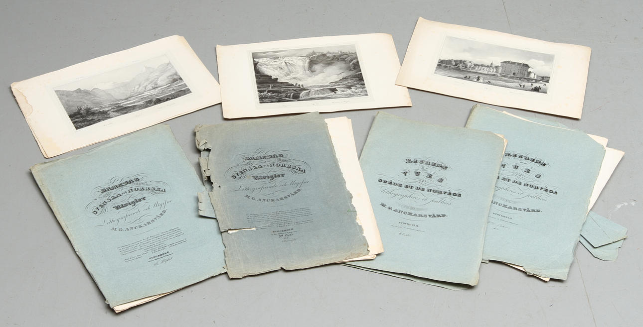 M.G. ANCKARSVÄRD. "Svenska & Norska Utsigter", 2 st, "Vues de Suede et de Norvege" st, mappar med litografier.