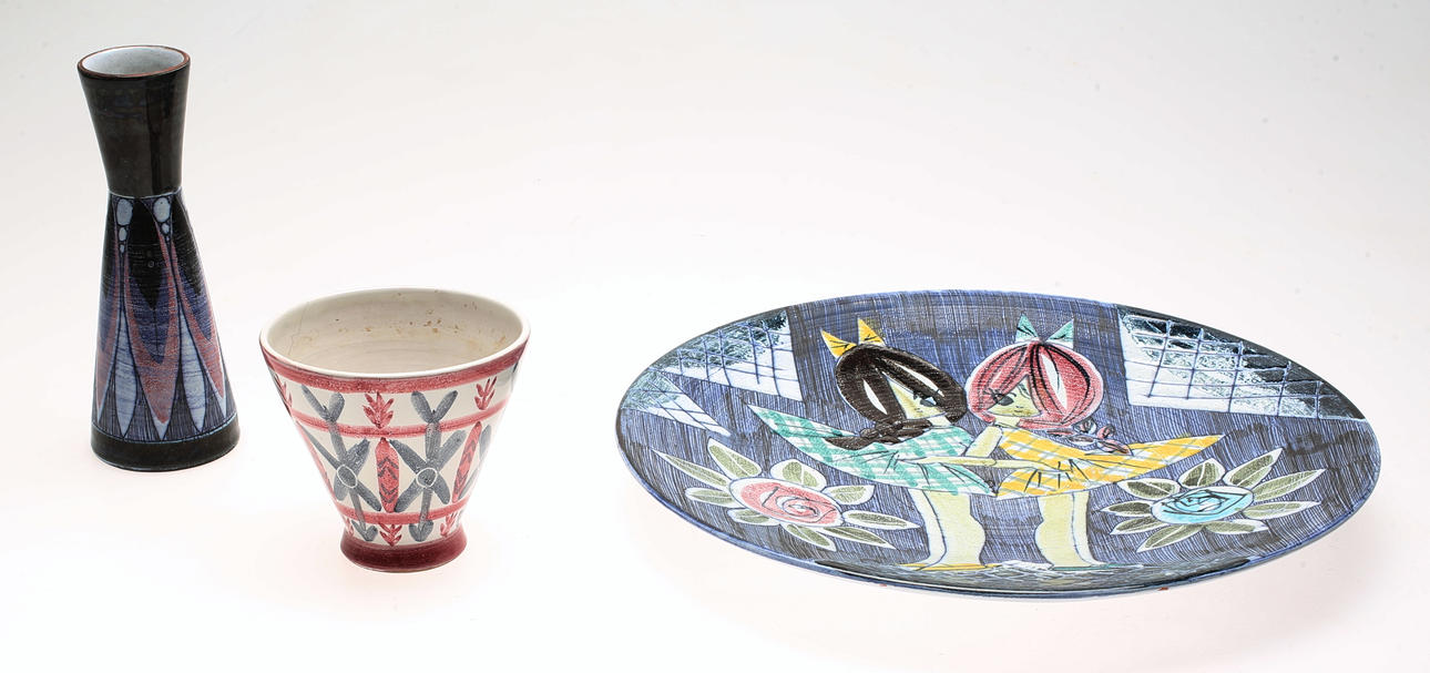 KERAMIKFÖREMÅL, 3 delar, Tilgmans och Laholms keramik, 1900-talets mitt.