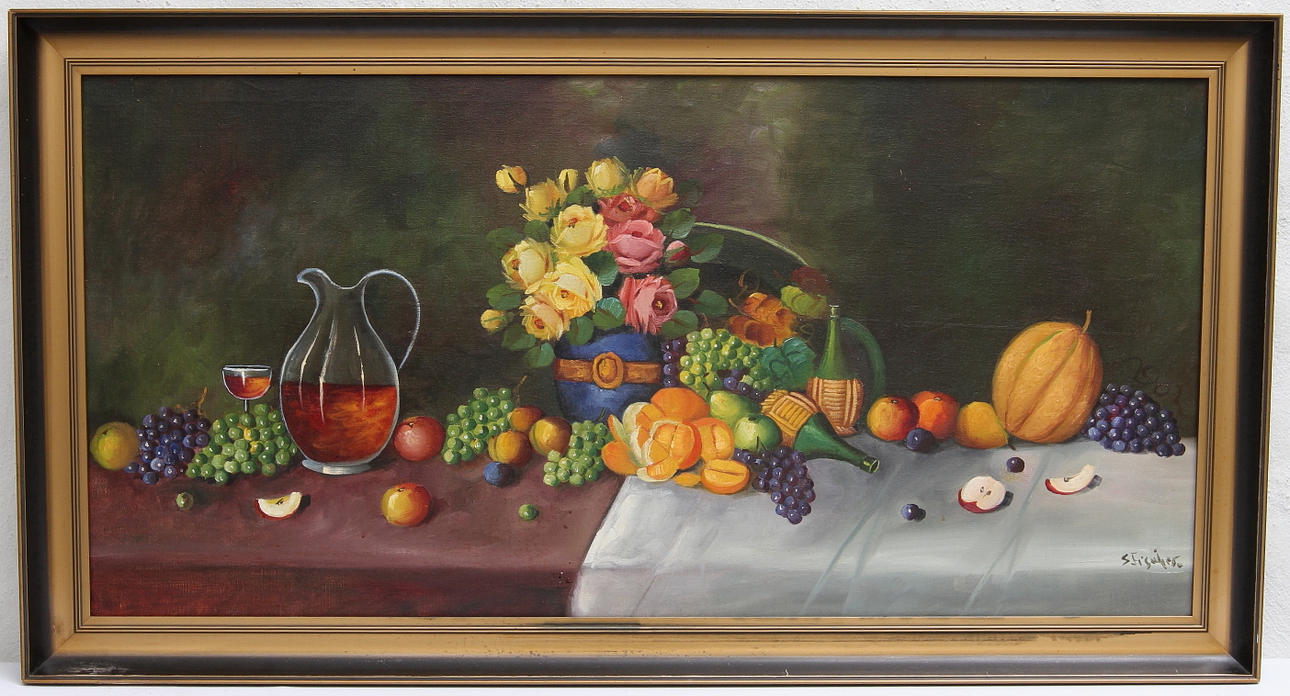 S FISCHER. Olja på duk. Stilleben, signerad.