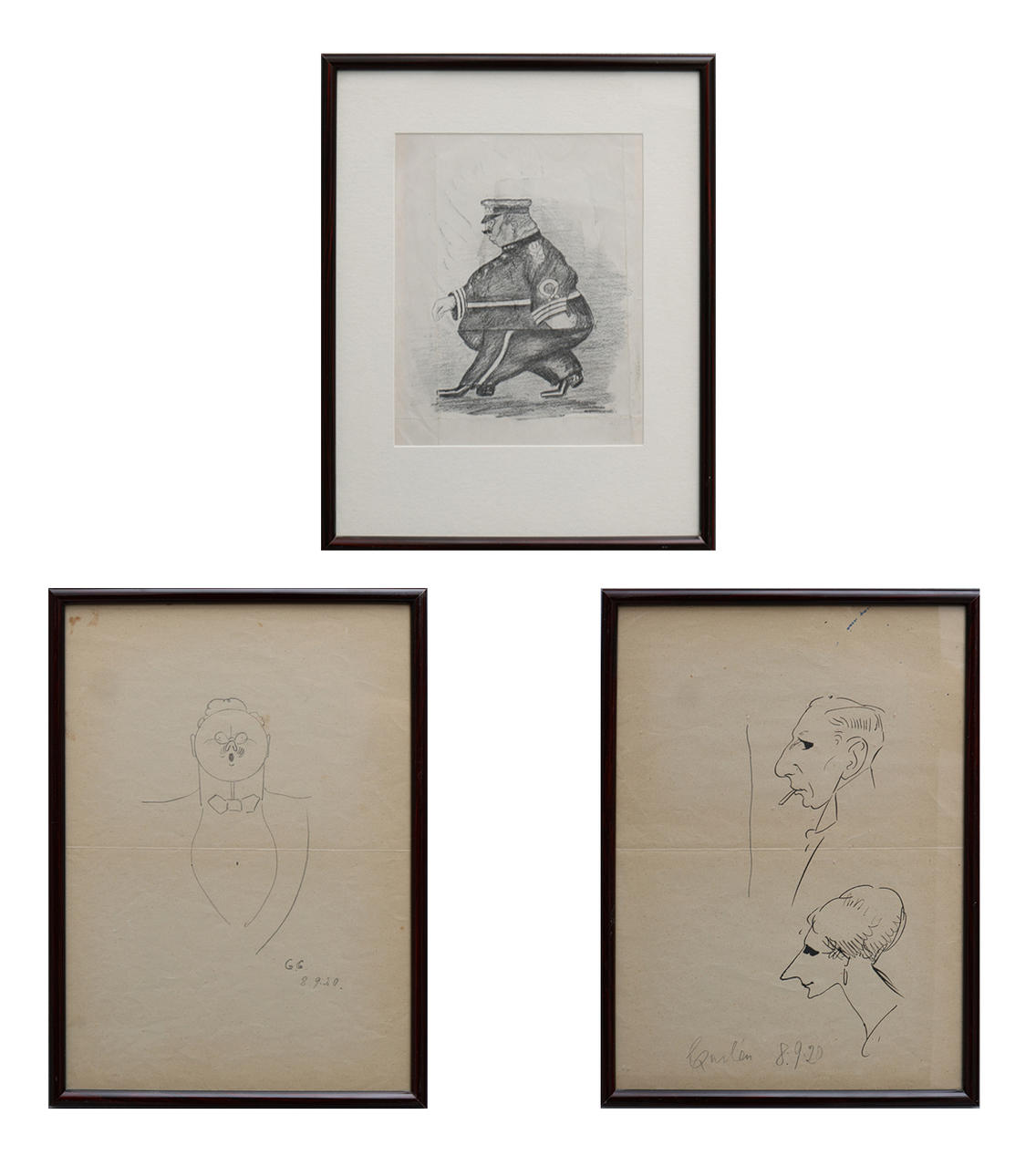 CARL HENRIK JENSEN-CARLÉN. INK ON PAPER, CARICATURES, SIGNED AND DATED 1920. AND DRAWINGS AND LINOLEUM PRINTS BY ERNST SJÖSTEDT.
