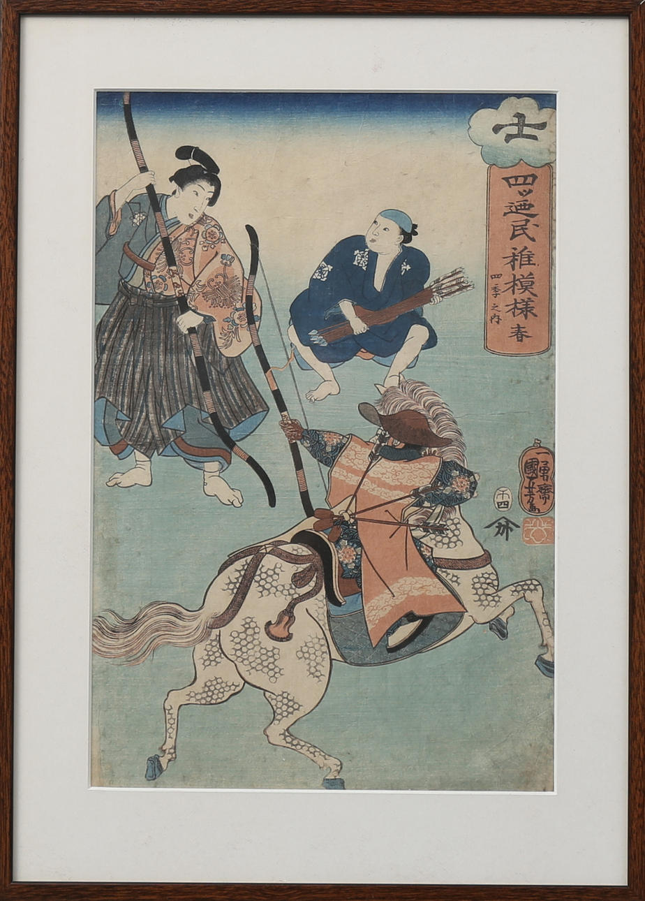 UTAGAWA KUNIOSHI. Soldat till häst och väpnare. Trätryck på rispapper, 1800-tal.