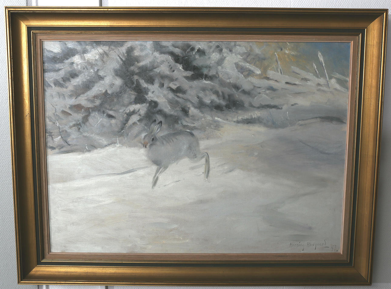 HENNING HOUGAARD. Olja på duk, Hare i vinterlandskap, signerad, daterad -47.