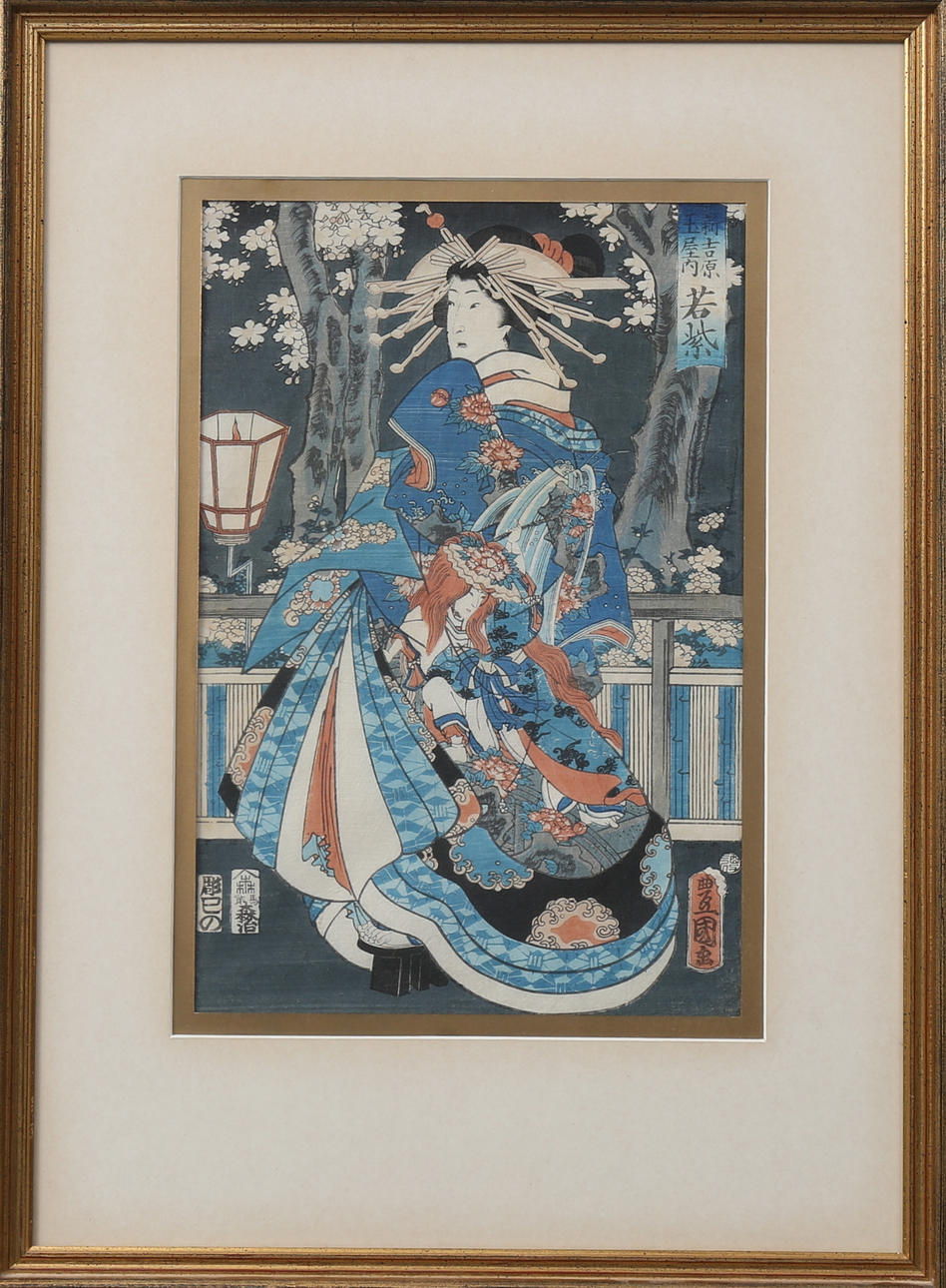 ANDO UTAGAWA. EFTER. Kvinna i kimono. Träsnitt på rispapper, bär signatur i trycket. Troligen 1900-tal.