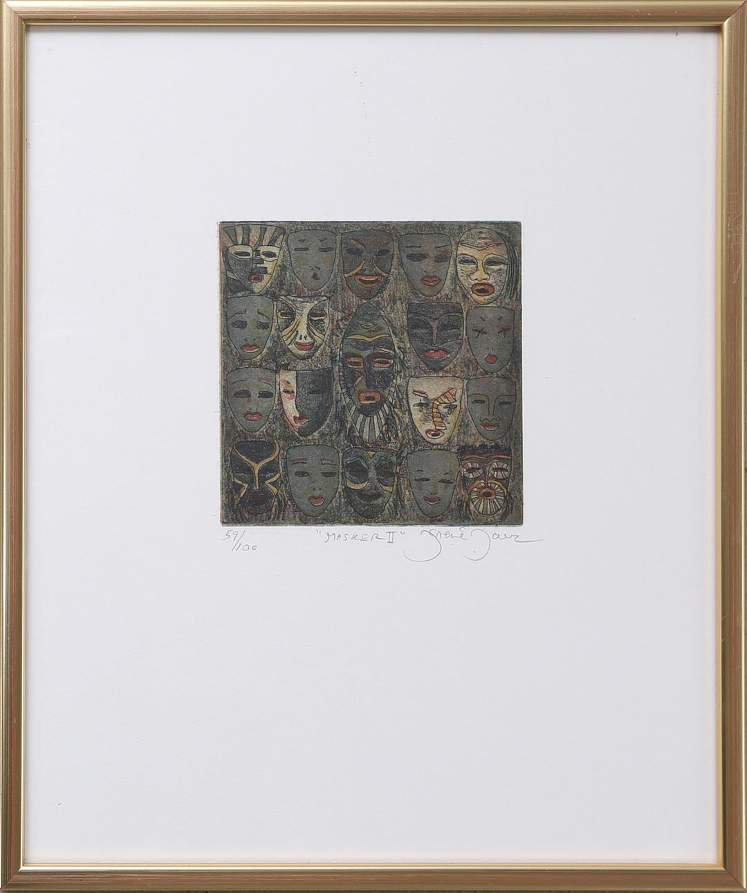IRENE JARZ. "Masker II", grafiskt blad, numrerad 59/100, och signerad.