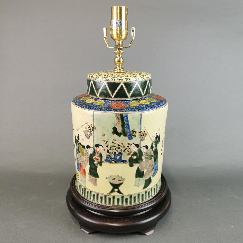 CHINESE PORCELAIN & LID MOUNTED AS A LAMP BASE.