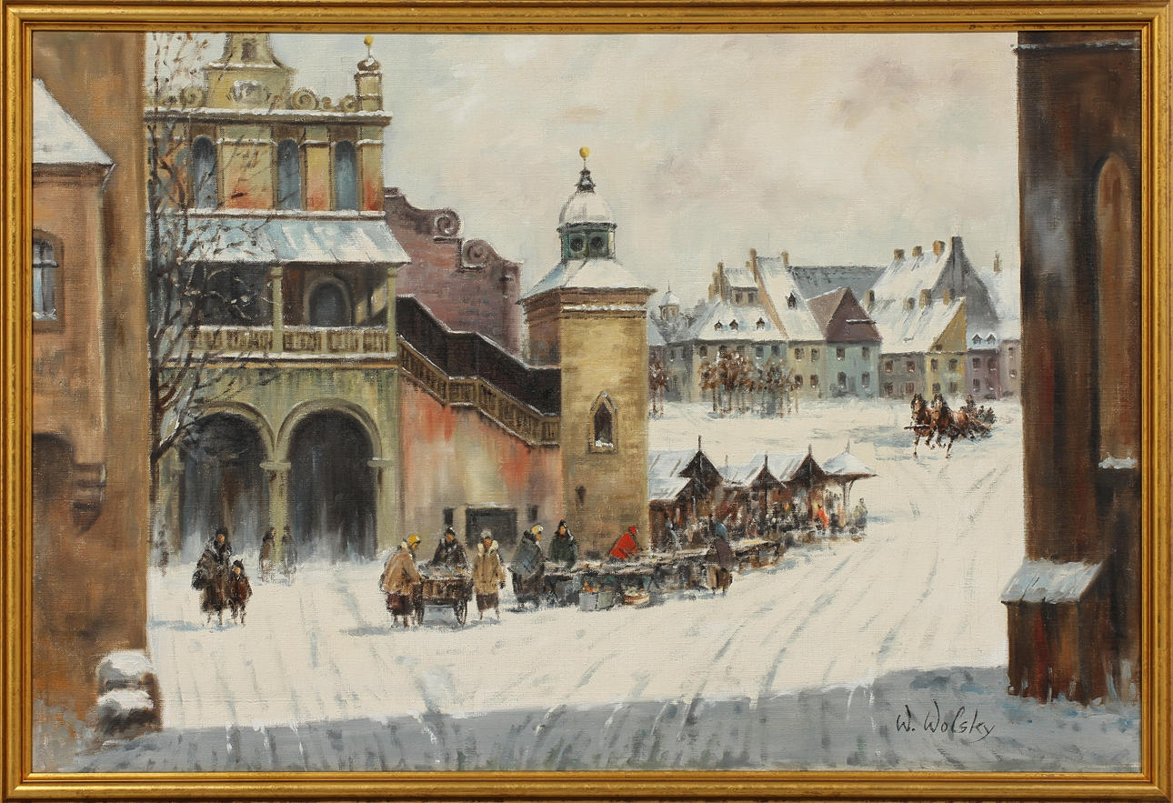 OIDENTIFIERAD KONSTNÄR. Stad i vinterskrud, olja på duk, signerad W Wolsky.