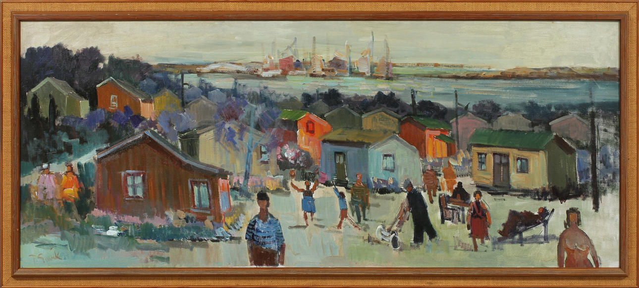 TAGE GAVIK. Göteborgsmotiv med figurer, olja på duk, signerad.