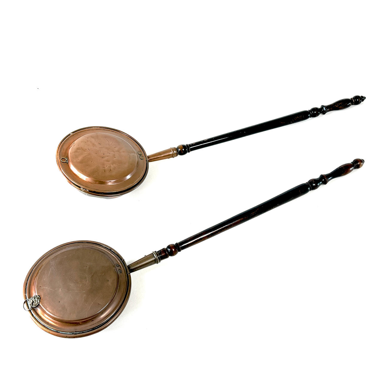 TWO VICTORIAN COPPER BED WARMING PANS.