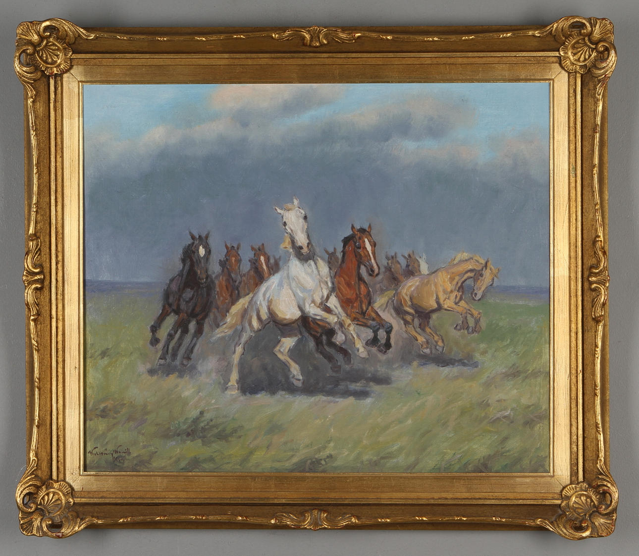 OKÄND KONSTNÄR. Berberhästar, olja på duk, otydligt signerad.