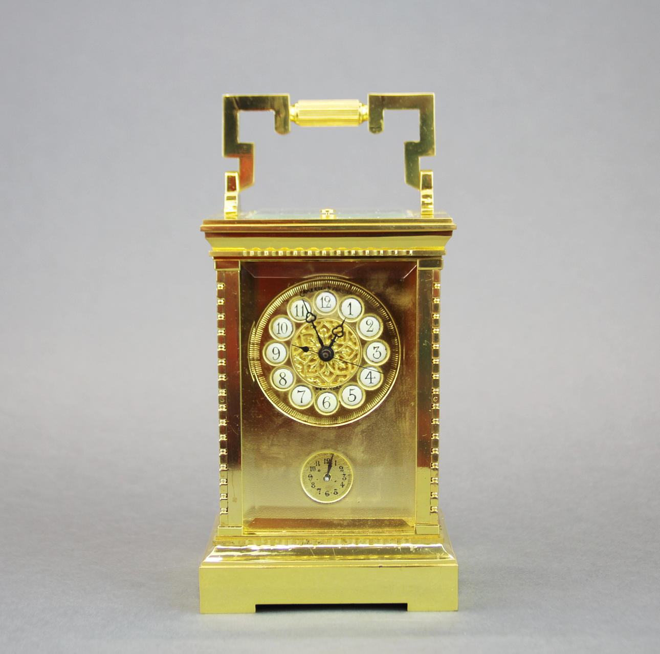 GILT BRASS ALARM CARRIAGE CLOCK.