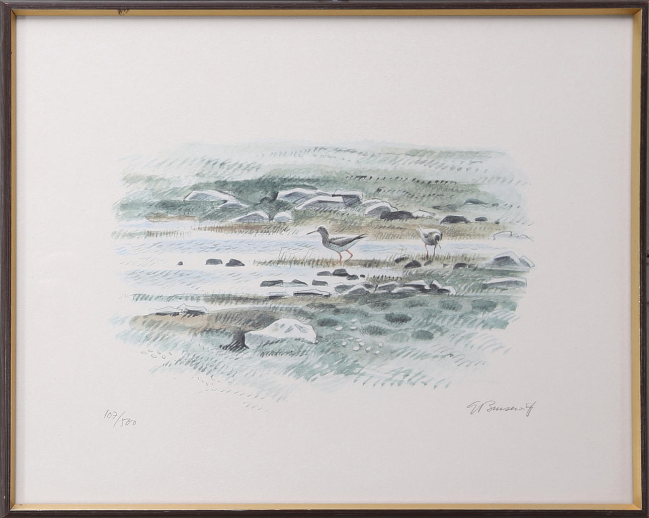 GUNNAR BRUSEWITZ. Strandmotiv med vadarfåglar, grafiskt blad, signerat och numrerat 107/500, 1900-talets andra hälft.