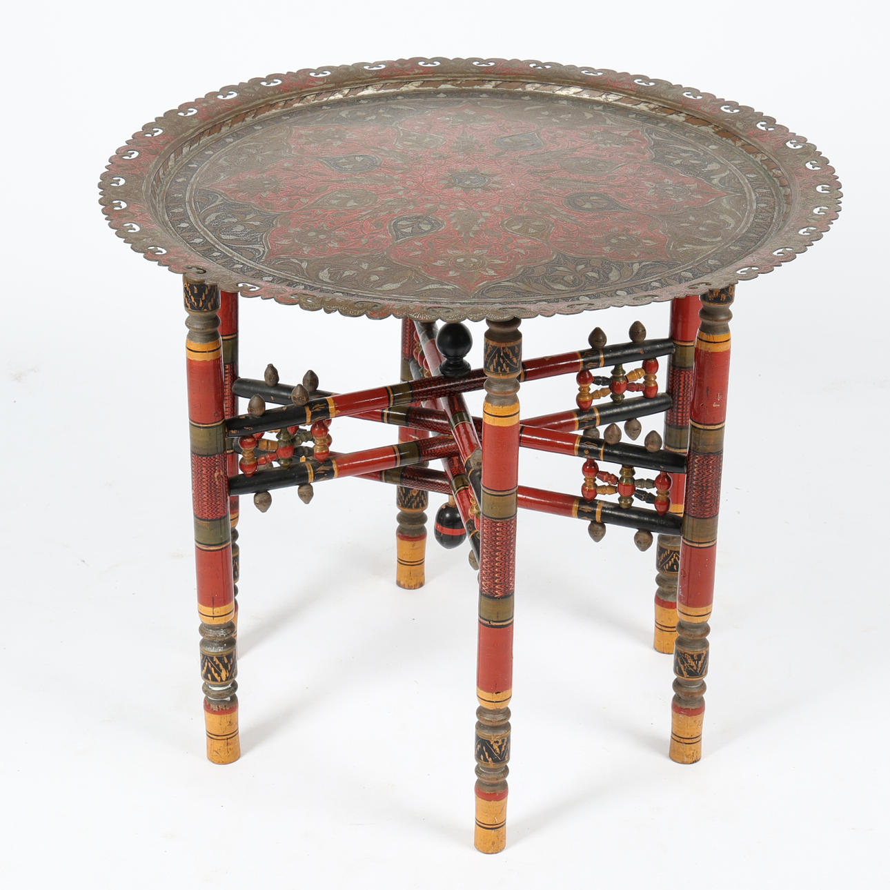 AN INDIAN ENAMELLED BRASS BENARES TABLE.
