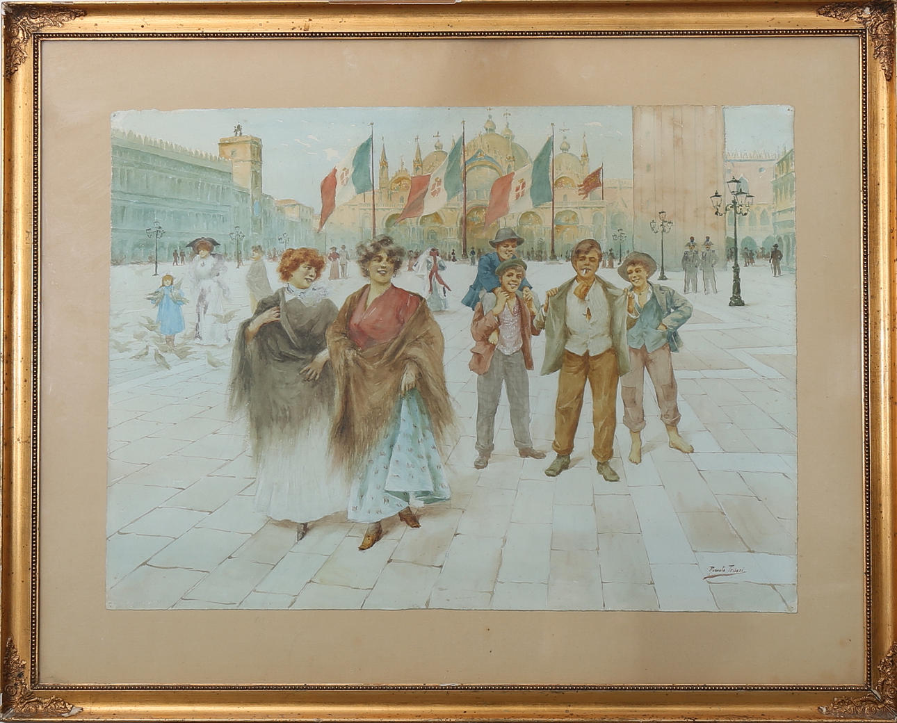 ROMOLO TESSARI. Flanörer vid Marcusplatsen, Venedig, akvarell, signerad.