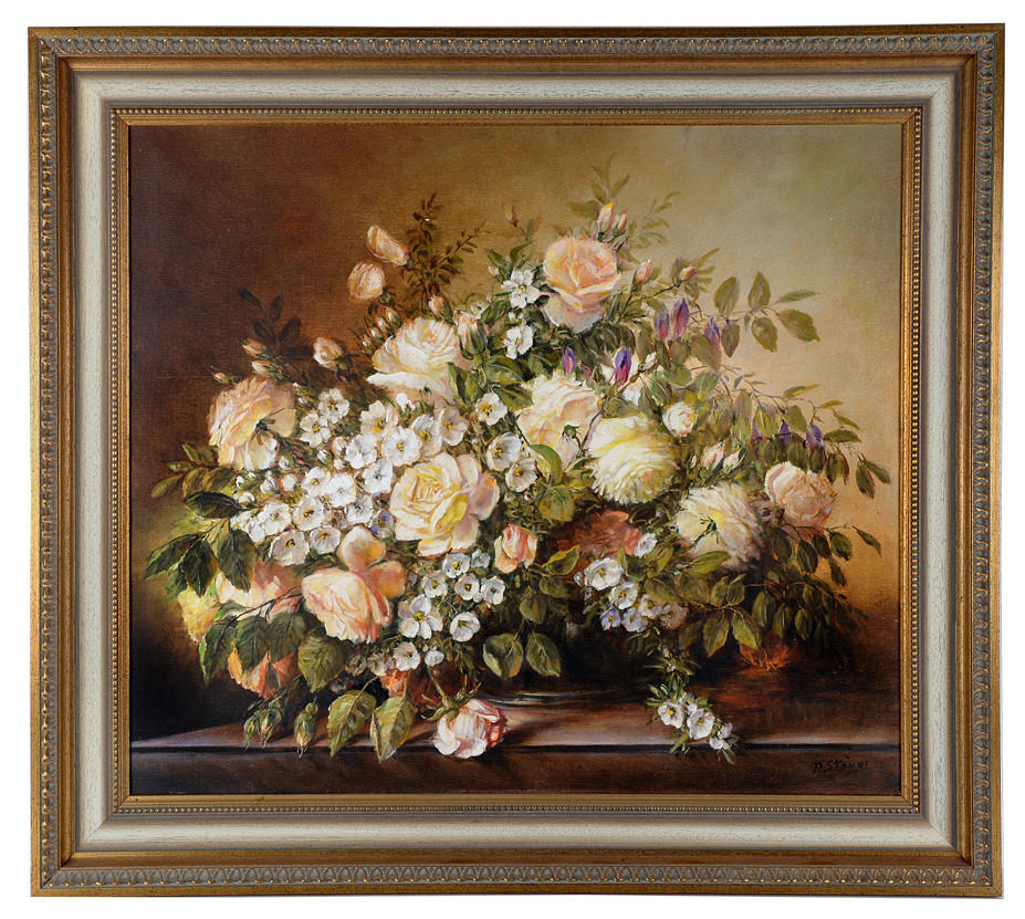 PAULA STÖVER. Stilleben av olika blommor med lövverk.