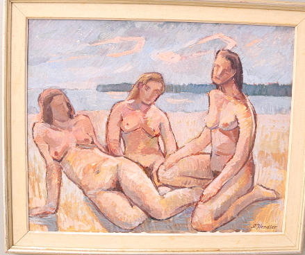 ADAM HENDLER. TAVLA, olja duk, signerad A.Hendler, tre nakna kvinnor.