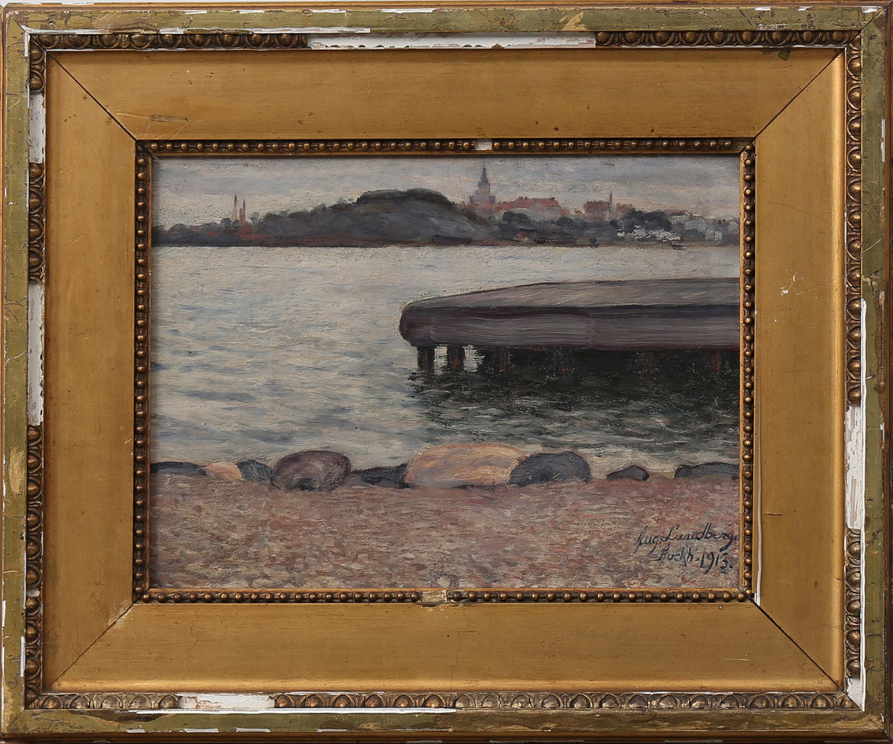 AUGUST LUNDBERG. Motiv från Stockholm, olja på pannå, signerad Aug Lundberg och daterad Stockh 1913.