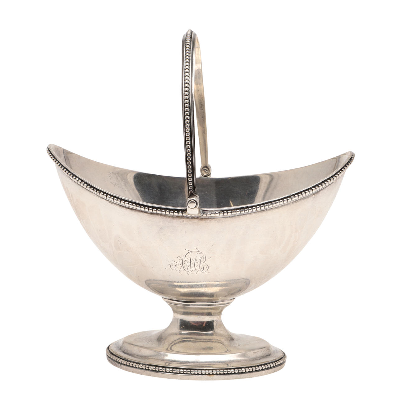 A GEORGE III SILVER SWING-HANDLE SUGAR BASKET.