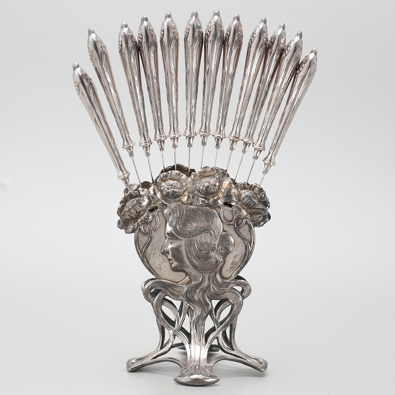 FRUKTSTÄLL med KNIVAR, vitmetall, jugend, WMFB, Tyskland.