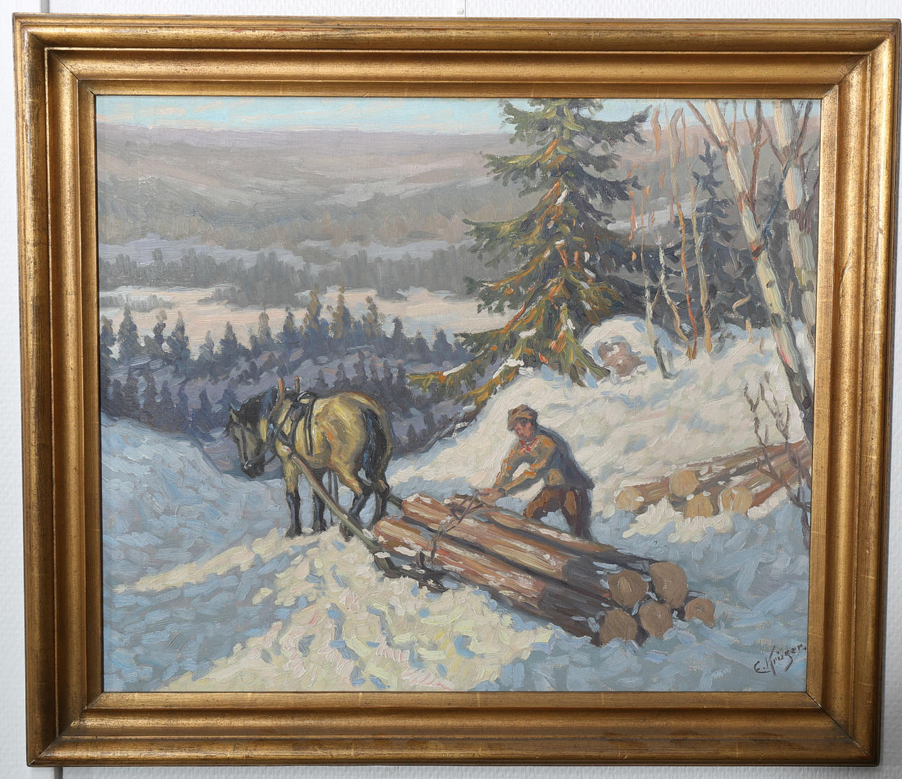 EINAR KRÜGER. Olja på duk, Vinterlandskap, signerad E Krüger.