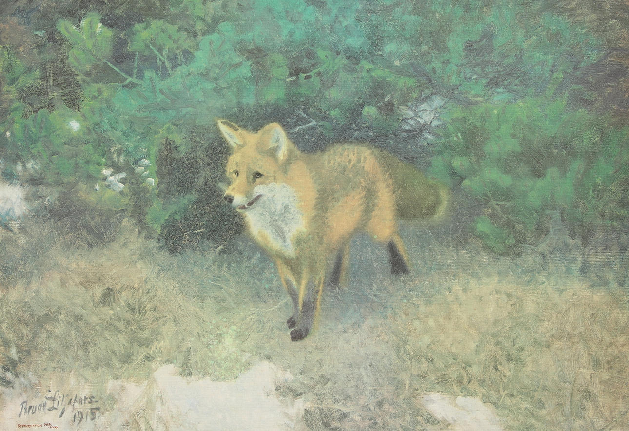 BRUNO LILJEFORS. After, print on canvas, “Fox in forest landscape”, printed signature and dating, numbered 286/1000, Master Art.
