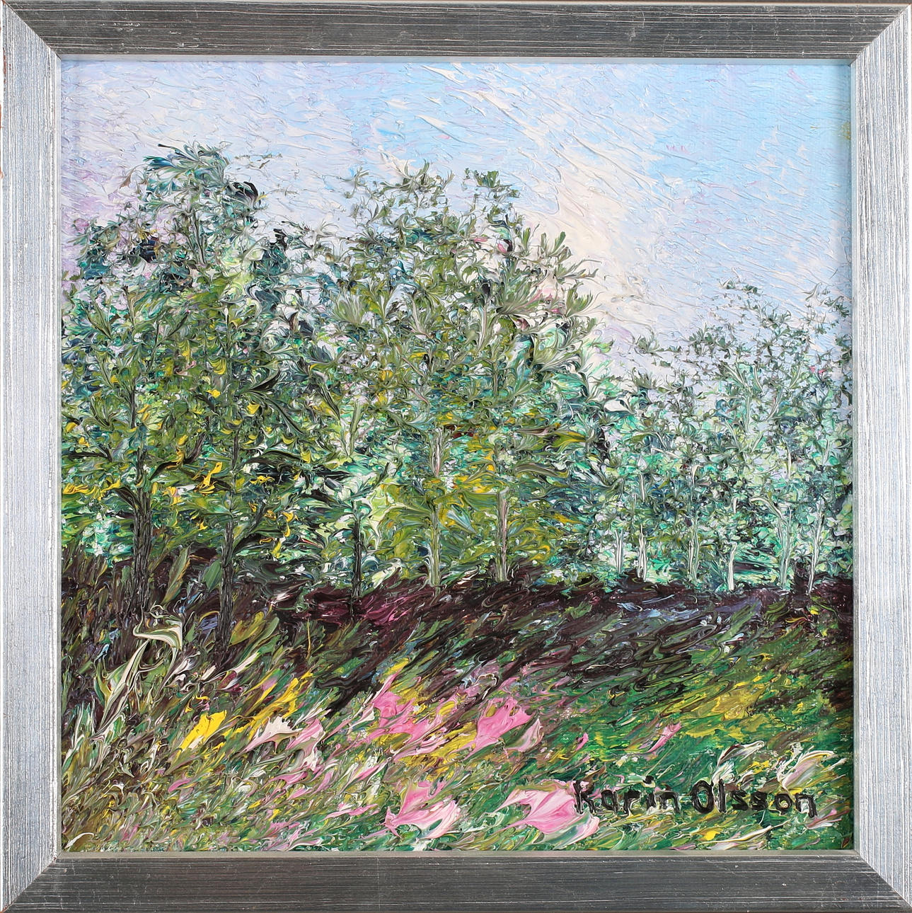 KARIN OLSSON. Skogsbryn vid ängen, olja på duk, signerad.