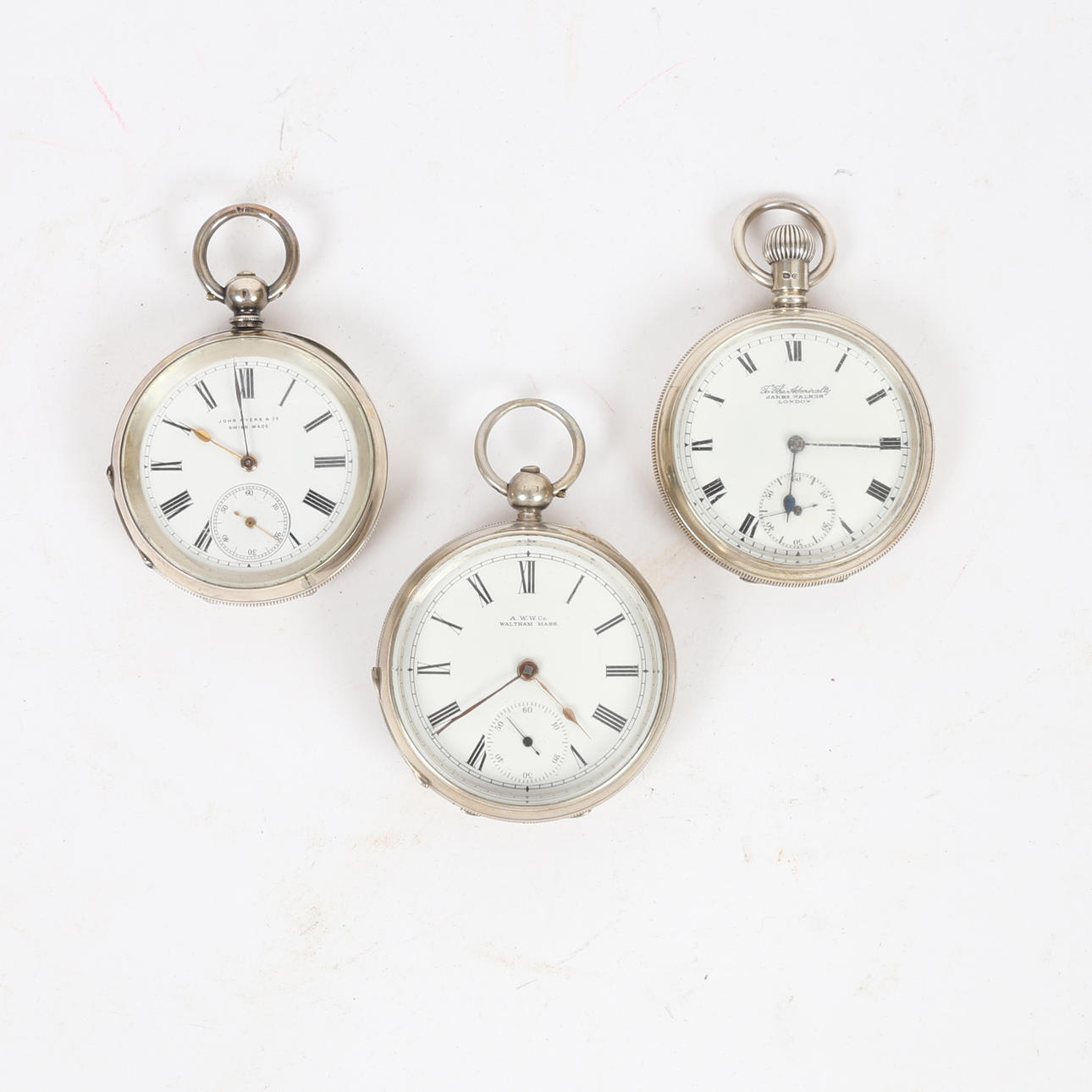 THREE SILVER POCKET WATCHES.