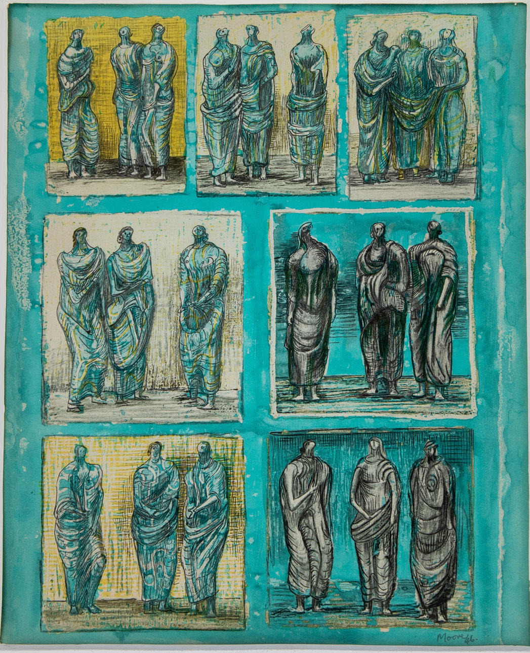 HENRY MOORE (1898-1986). Estudios de tres figuras de pie.