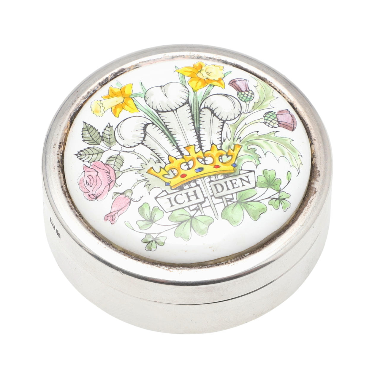 AN ELIZABETH II SILVER & ENAMEL BOX & COVER.