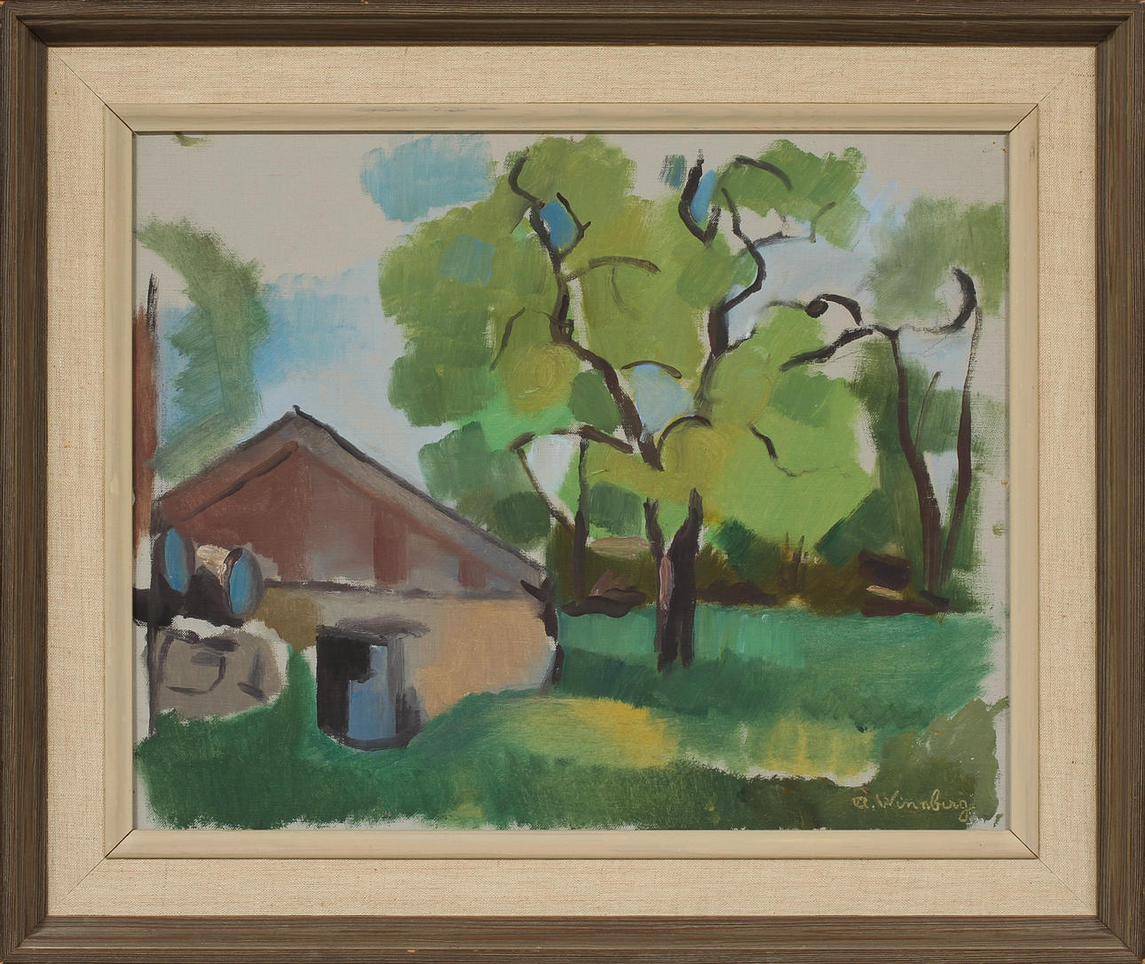 ÅKE WINNBERG. Landskap med hus, olja på pannå, signerad.