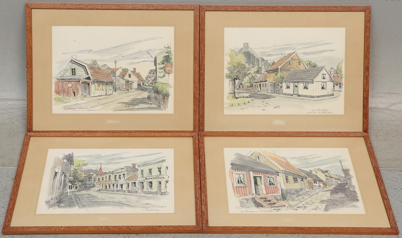 OVE MATHIESEN. Mischtechnik, 4 Stück, Sölvesborg-Motive, signiert.