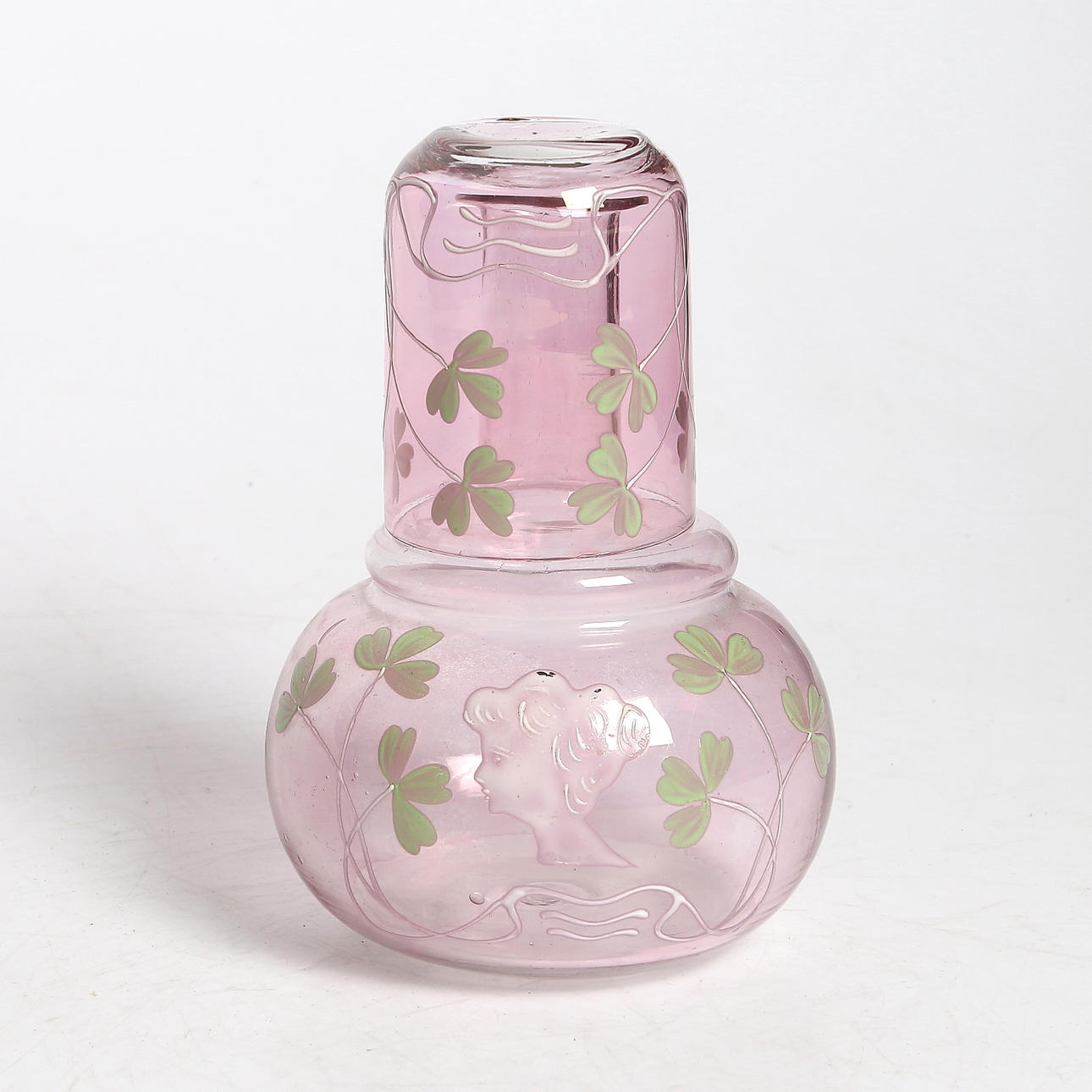 VATTENKARAFFIN med GLAS, glas med emaljmålning, jugend, omkring, sekelskiftet 18/1900.