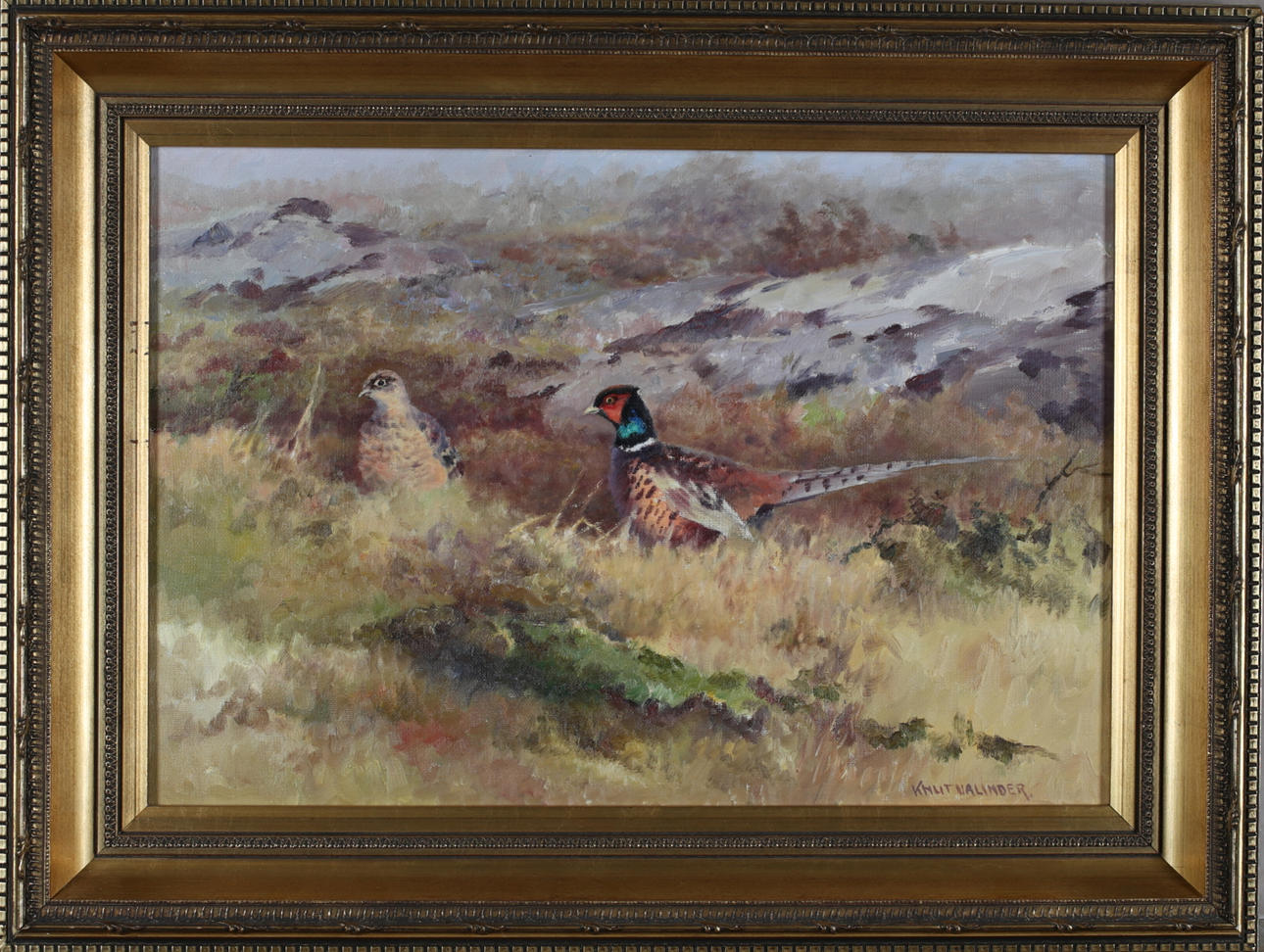 KNUT VALINDER. Pheasant pair, oil on canvas, signed.