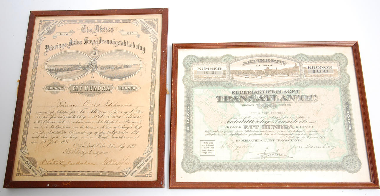 AKTIEBREV, 2 st Börringekloster, 1897, 1919.