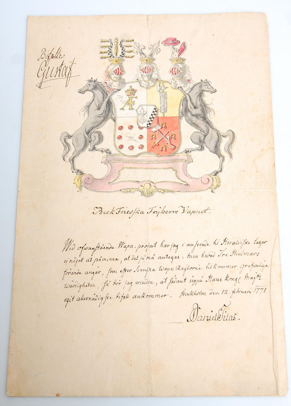 HANDSKRIFT, bifalles av Gustav lll, ang Beck- Friies ska friherrevapnet 1771.