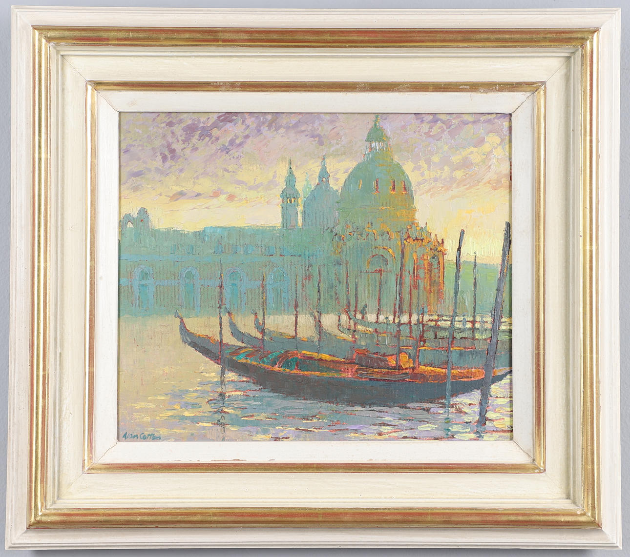 ALAN COTTON (B.1938). VENICE- SALUTE AND GONDOLAS AT SUNSET.