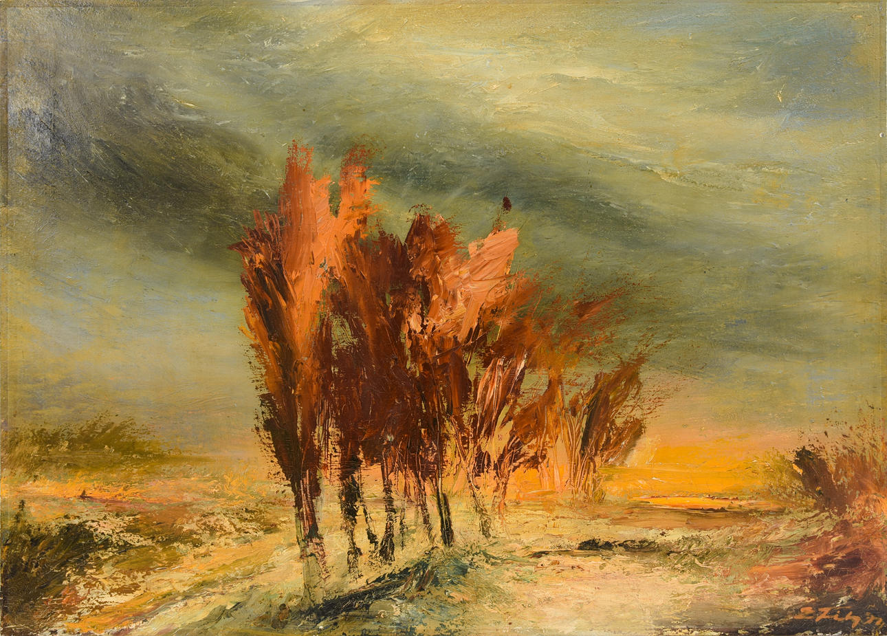 UNBEKANNTER KÜNSTLER. ”Träd”, blandteknik på tallrik, skylt.