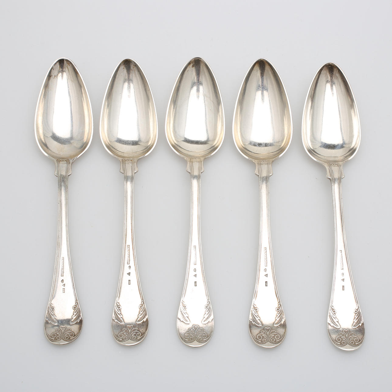 AUGUST WILHELM AHNSTRÖM, VÄXJÖ. Matskedar, 5 st, silver, 1846-1847, vikt 345 gram.