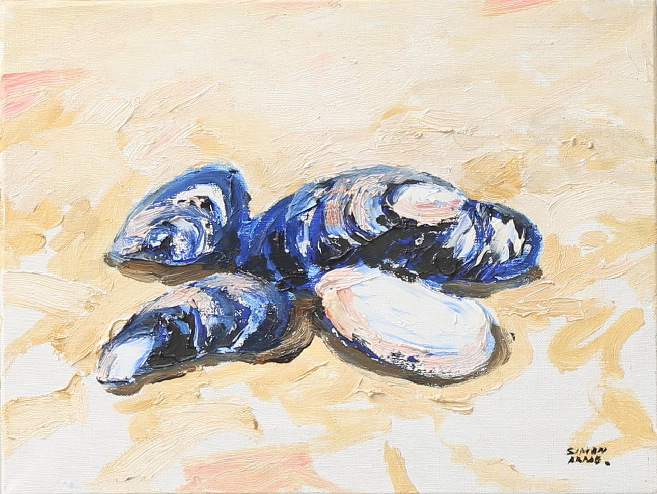 SIMON ARNE. Blåmusslor. Olja på duk, signerad.
