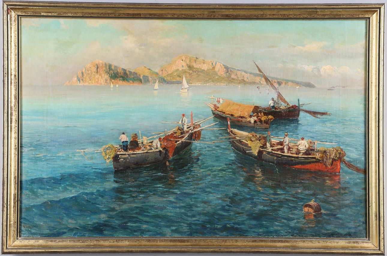 GIUSEPPE GIARDIELLO (1877-1920). FISHING BOATS OFF CAPRI.