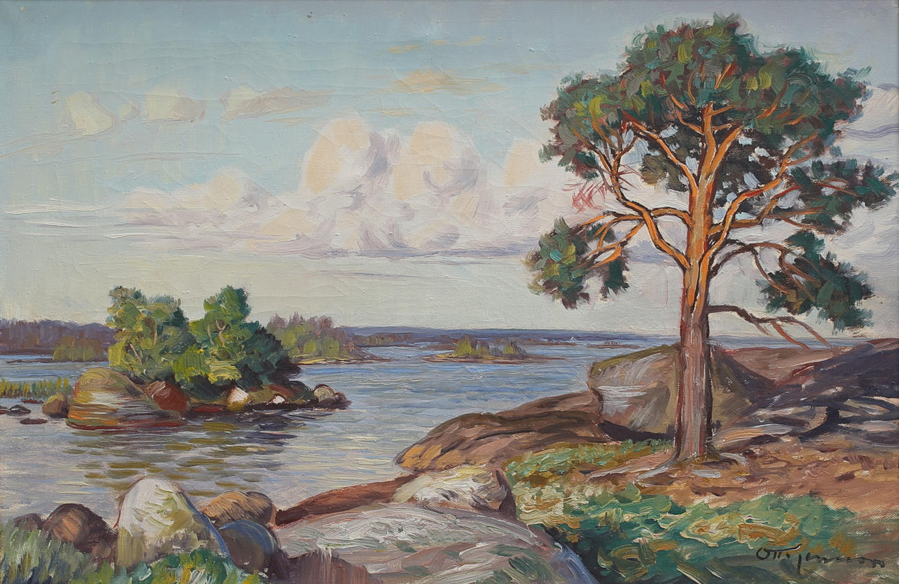 OTTO JANSSON. Tall vid havet. Olja på duk, signerad.